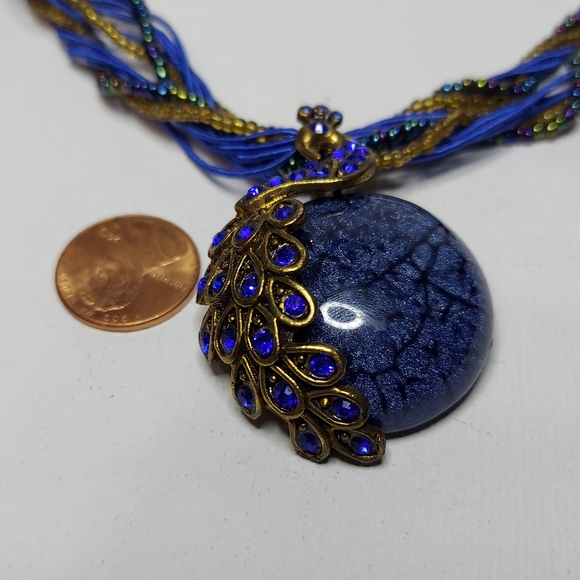 Blue Peacock Pendant on braided beads 18 in - Picture 6 of 7